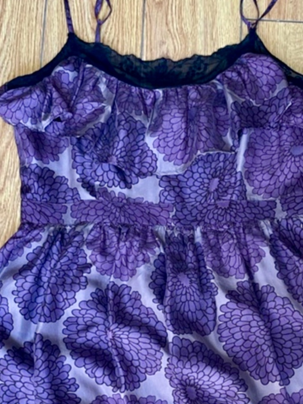 100% Silk Lil  from Anthropology Purple Floral Dress size 8 w/ lace neckline